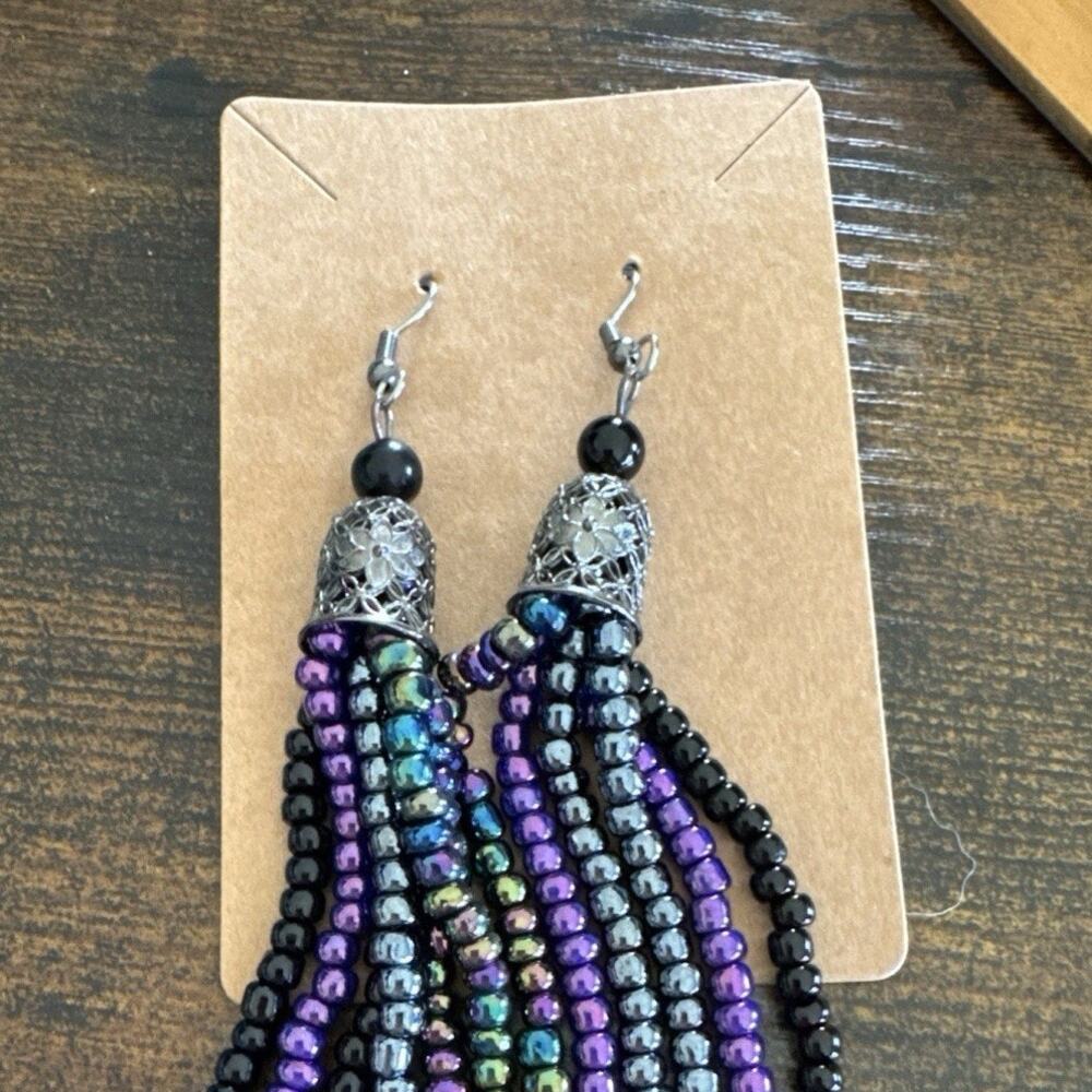 Handmade Multi-colored Seed Bead Long Dangle Pierced Earrings 3”